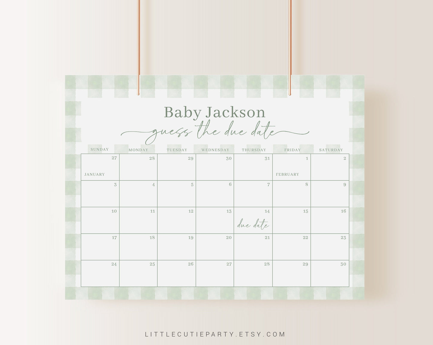 Editable Sage Green Baby Shower Calendar, Sage Green Gingham Due Date Calendar, Baby Shower Due Date Calendar Game for Green Shower GGHBS001