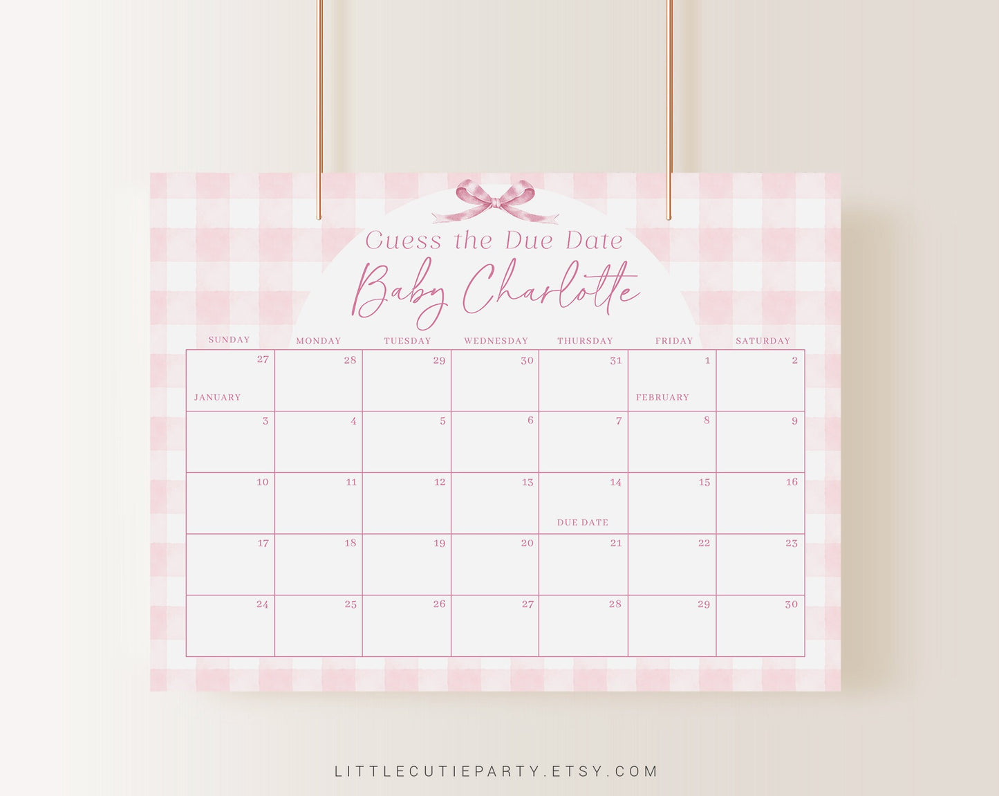 Editable Pink Gingham Baby Shower Calendar, Pink Bow Due Date Calendar, Baby Shower Due Date Calendar Games for Gingham Baby Shower PGHBS001