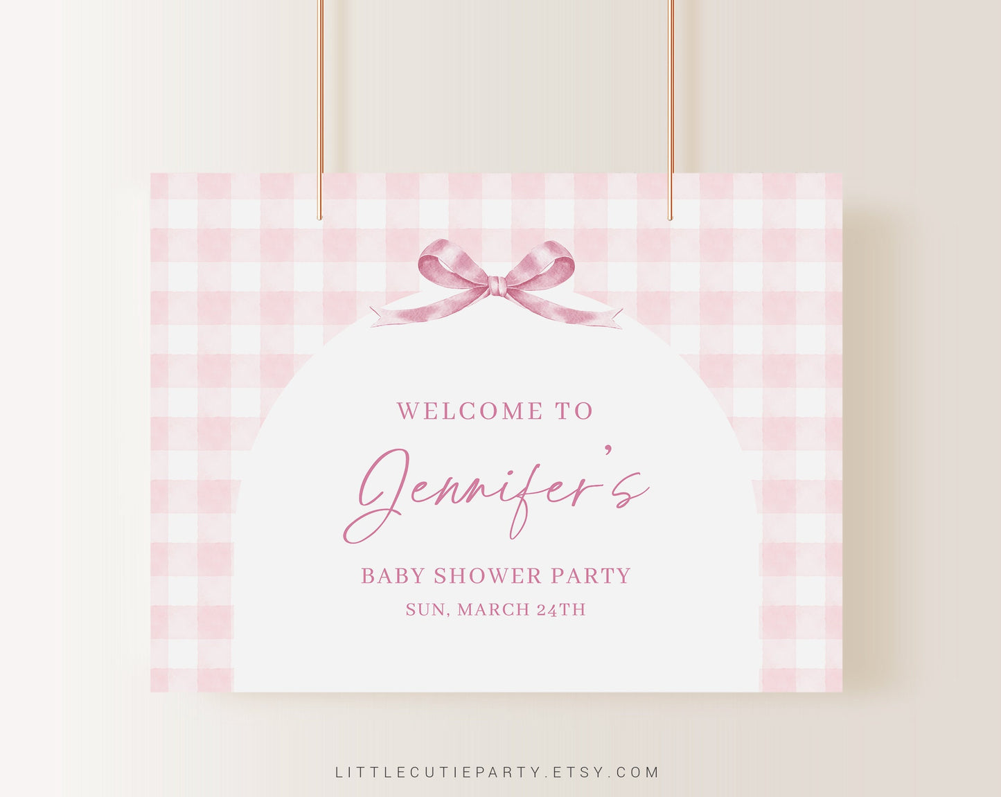 Editable Pink Gingham Baby Shower Backdrop, Pink Bow Baby Shower Vinyl Banner, Shower Sign for Pink Gingham Banner Welcome Sign PGHBS001