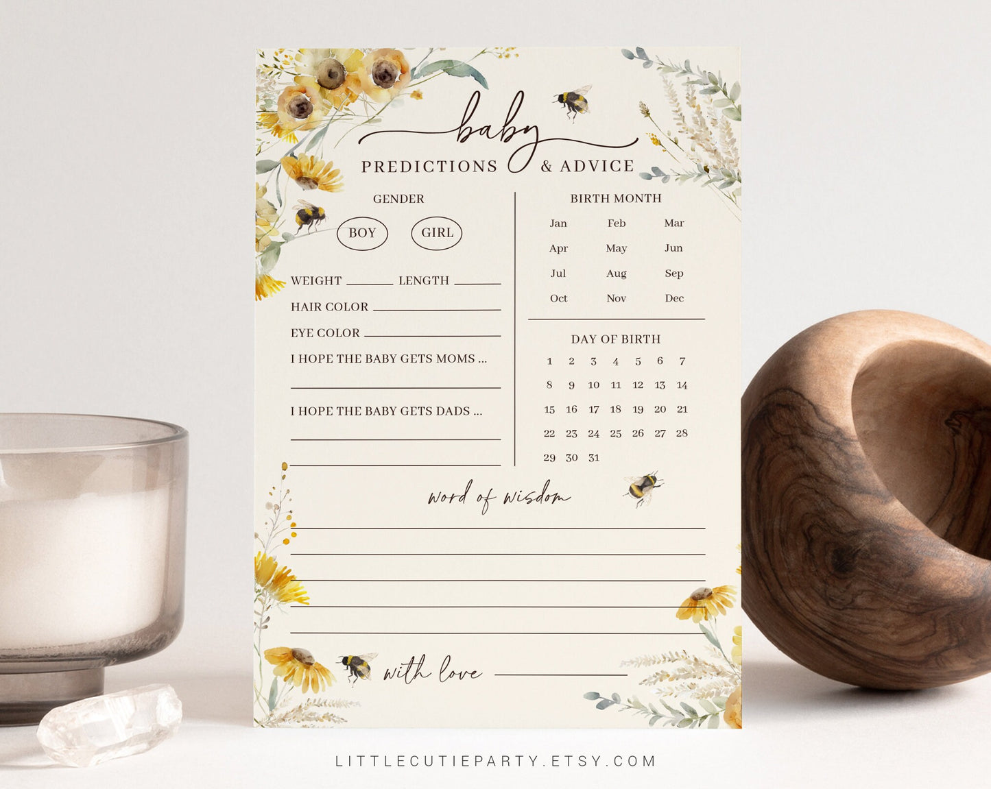 Editable What will Baby Bee Baby Predictions and Advice Card, Baby Prediction Card, Gender Reveal Party, He Or She, Boy Or Girl BEEGR001