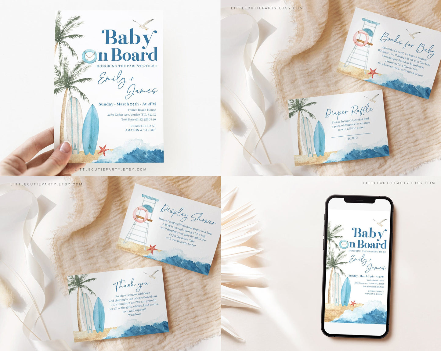 Editable Baby on Board Baby Shower Invitation Bundle, Surfboard Baby Shower with Games Bundle and Surfing Baby shower Decorations BBBBS001