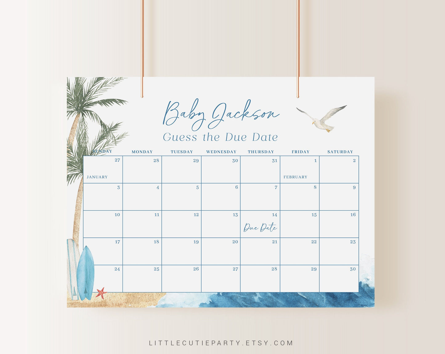 Editable Baby on Board Baby Shower Calendar, Surfboard Baby Shower Due Date Calendar, Beach Baby Shower Due Date Calendar Games BBBBS001