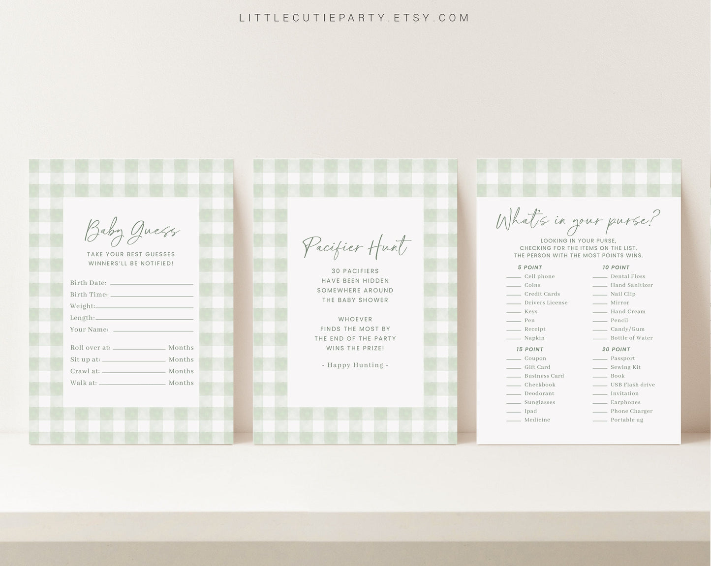 10 Editable Sage Green Gingham Baby Shower Games, Baby Boy Shower Games Bundle, Green Gingham Set Neutral Baby Shower Party Games GGHBS001