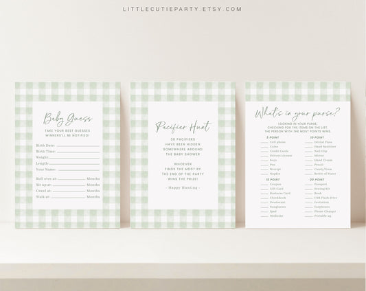 10 Editable Sage Green Gingham Baby Shower Games, Baby Boy Shower Games Bundle, Green Gingham Set Neutral Baby Shower Party Games GGHBS001