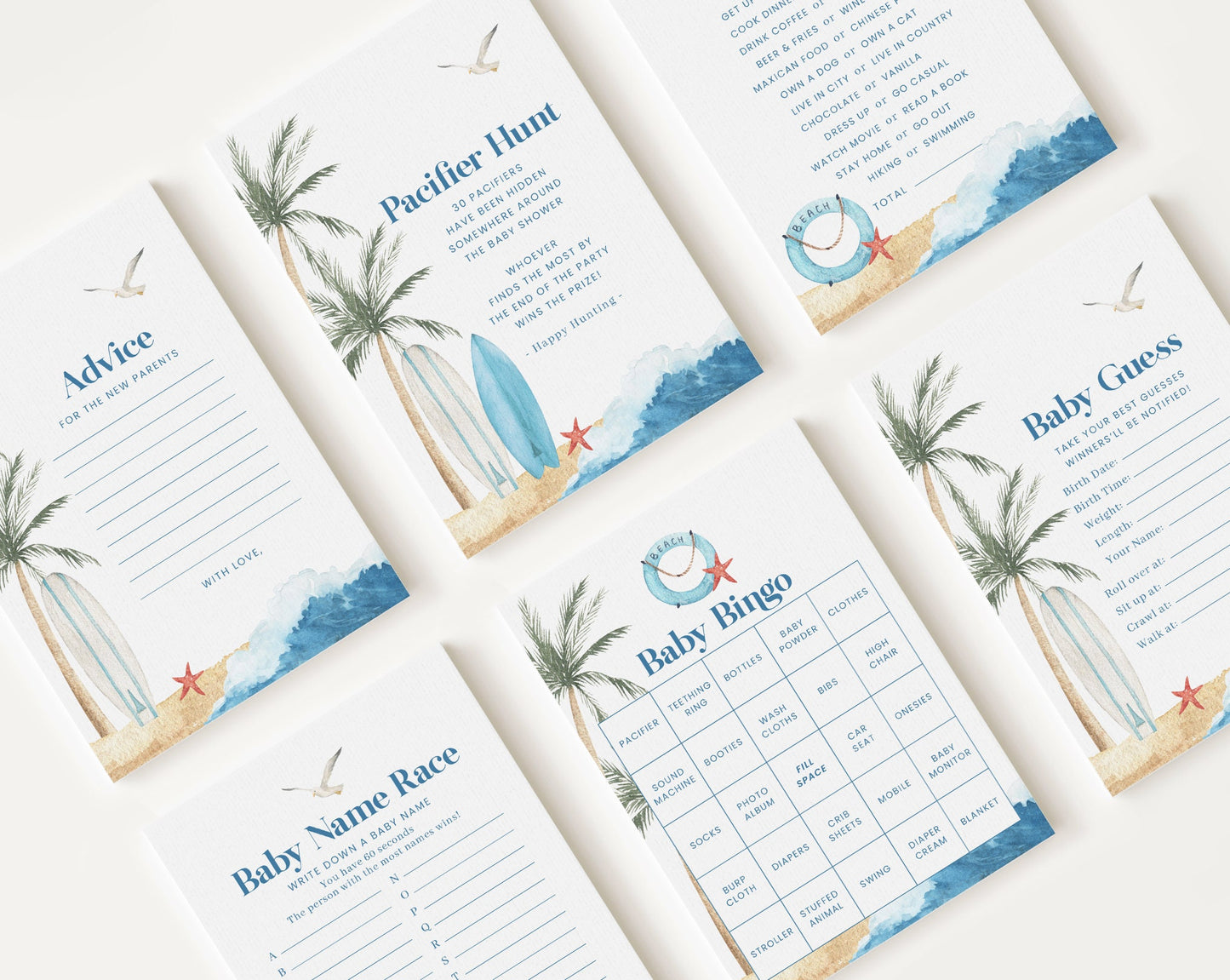 10 Editable Baby on Board Baby Shower Games, Shower Games Bundle, Surf Beach Baby Shower Game Set for Baby Shower Activities BBBBS001