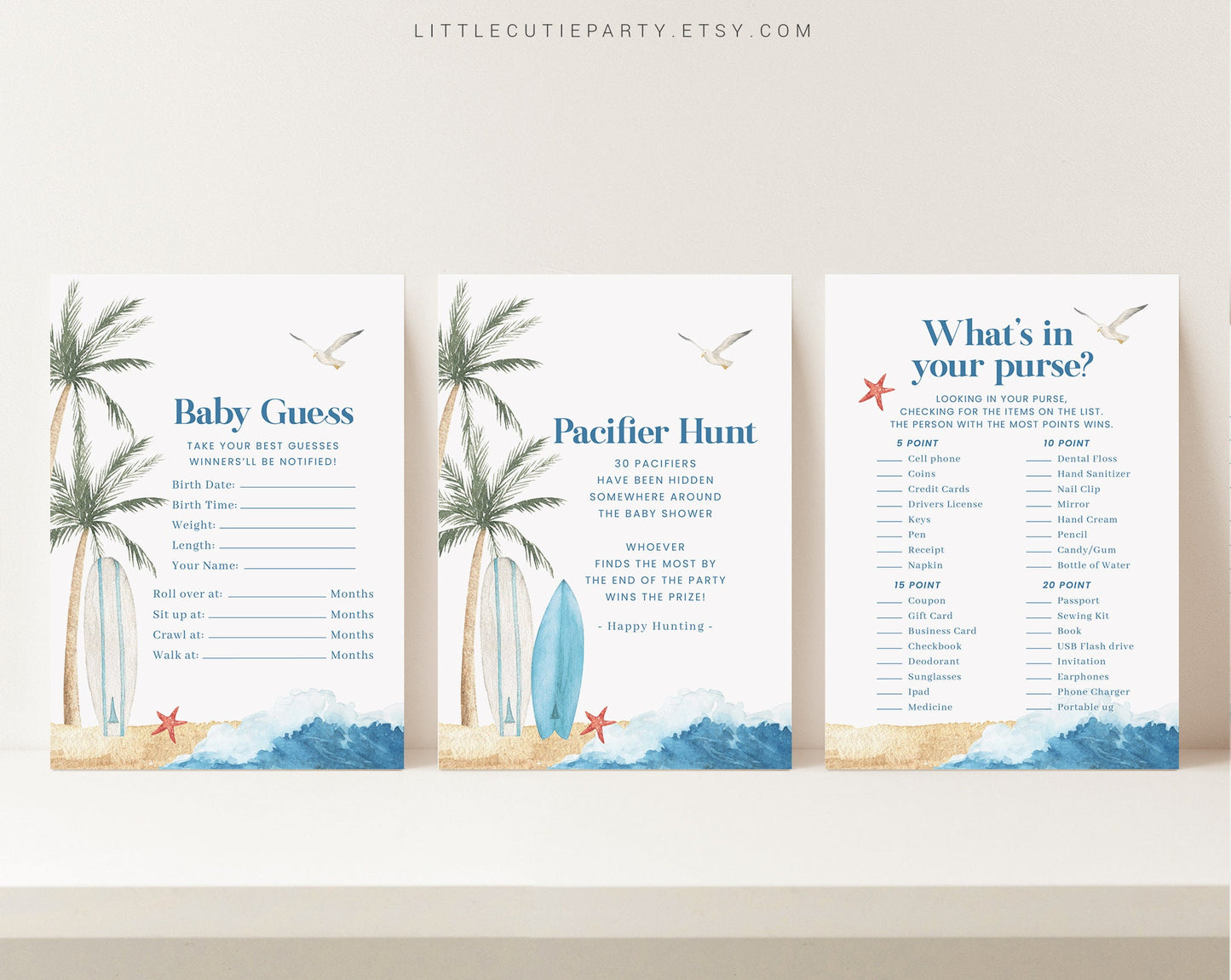 10 Editable Baby on Board Baby Shower Games, Shower Games Bundle, Surf Beach Baby Shower Game Set for Baby Shower Activities BBBBS001