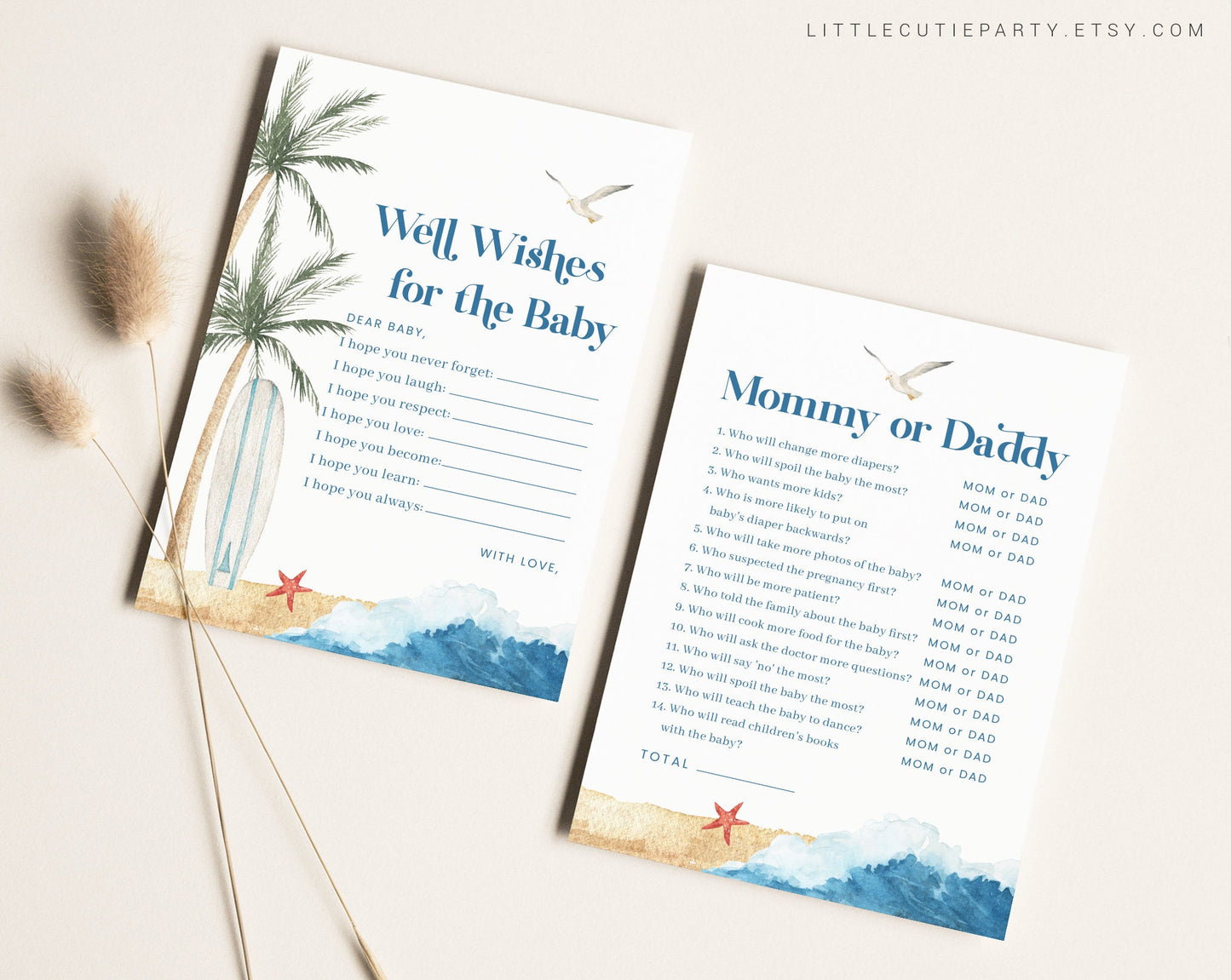 10 Editable Baby on Board Baby Shower Games, Shower Games Bundle, Surf Beach Baby Shower Game Set for Baby Shower Activities BBBBS001