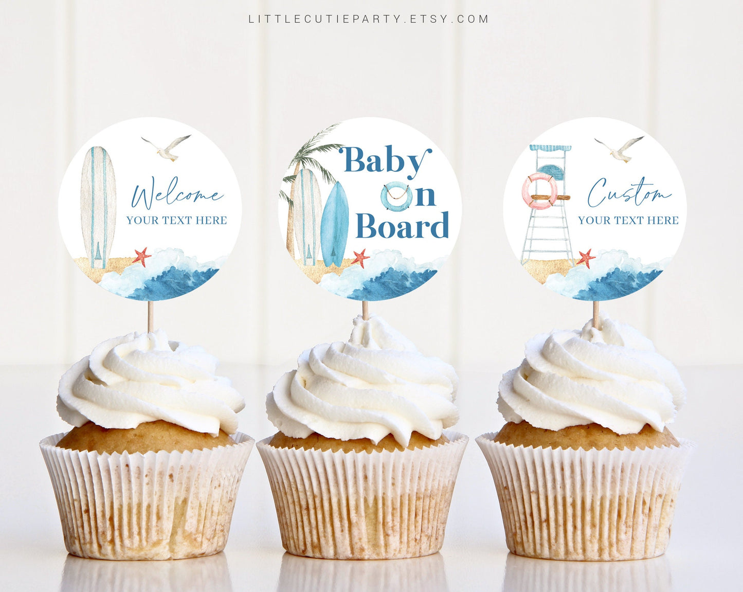 Editable Baby on Board Cake Toppers, Beach Baby Shower Cupcake Toppers, Cake Topper Template, Cake Topper Decorations BBBBS001