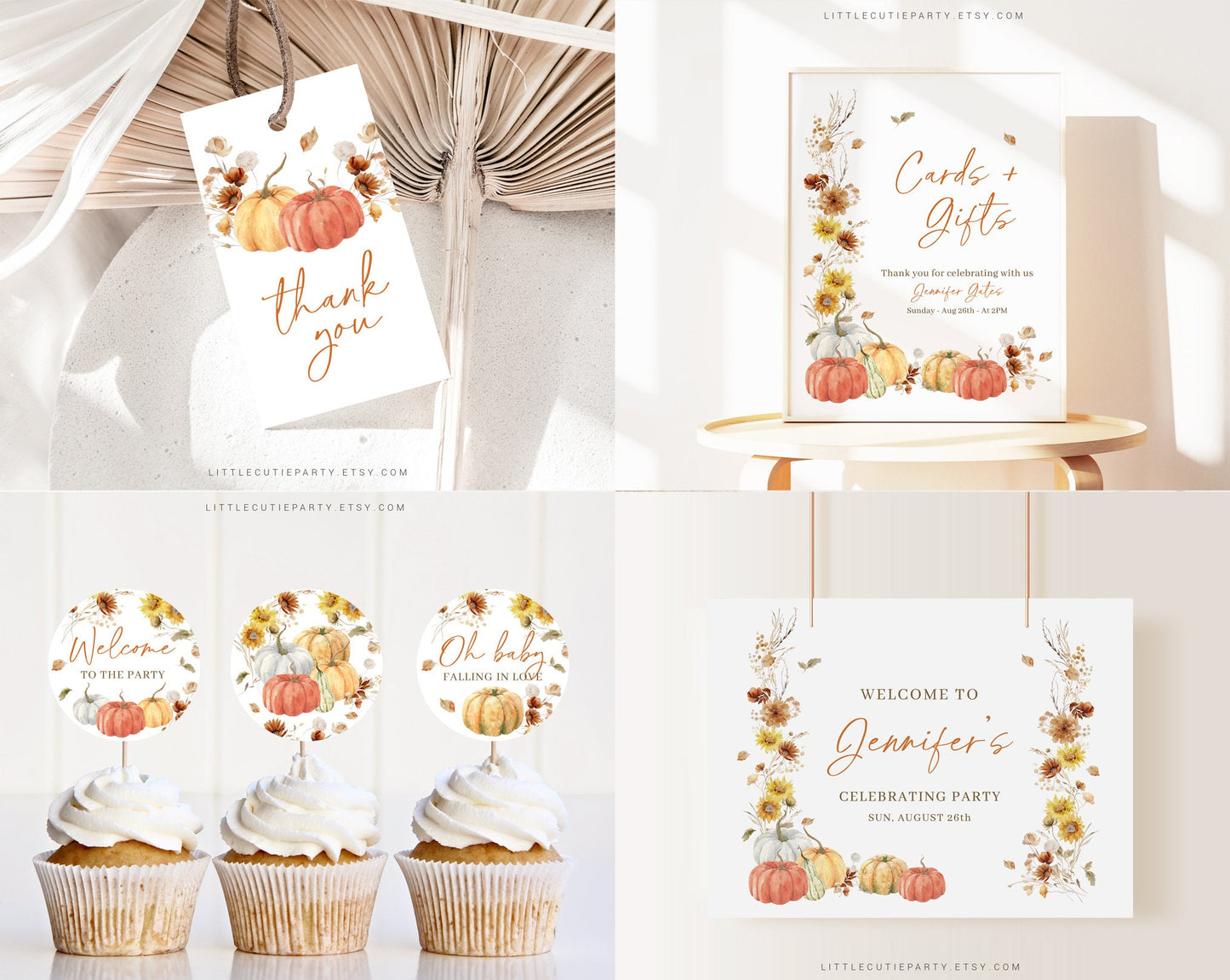 Editable Falling In Love Baby Shower Invitation Bundle, Fall Baby Shower Invitation with Games Bundle and Little Pumpkin Decoration FLLBS001