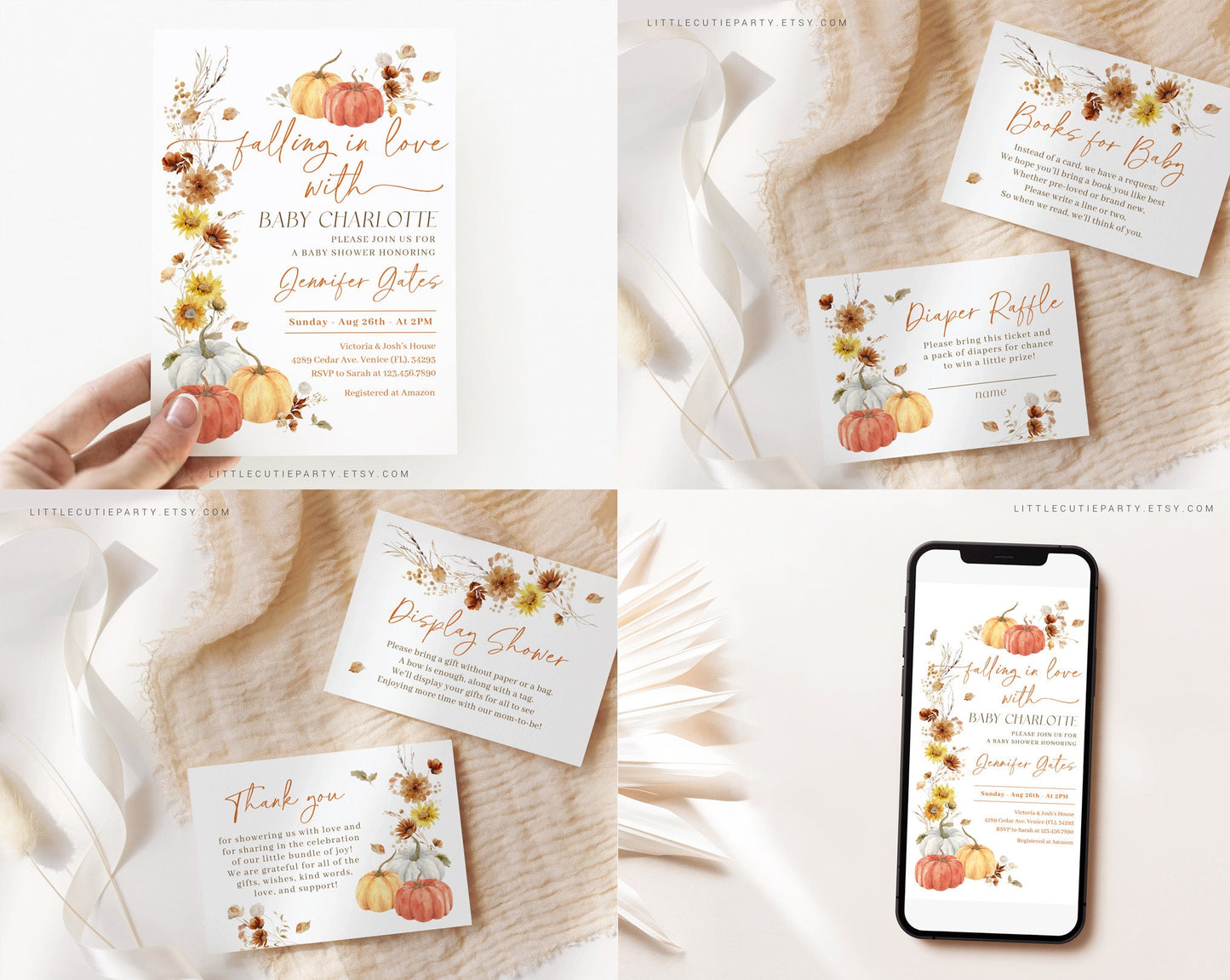 Editable Falling In Love Baby Shower Invitation Bundle, Fall Baby Shower Invitation with Games Bundle and Little Pumpkin Decoration FLLBS001