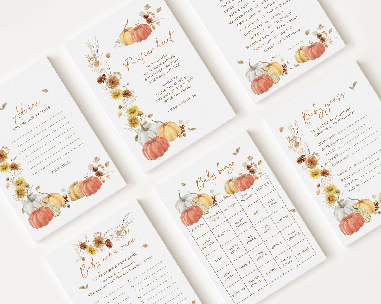 10 Editable Falling In Love Baby Shower Games, Shower Games Bundle, Fall in Love, Pumpkin Game Set for Baby Shower Activities FLLBS001
