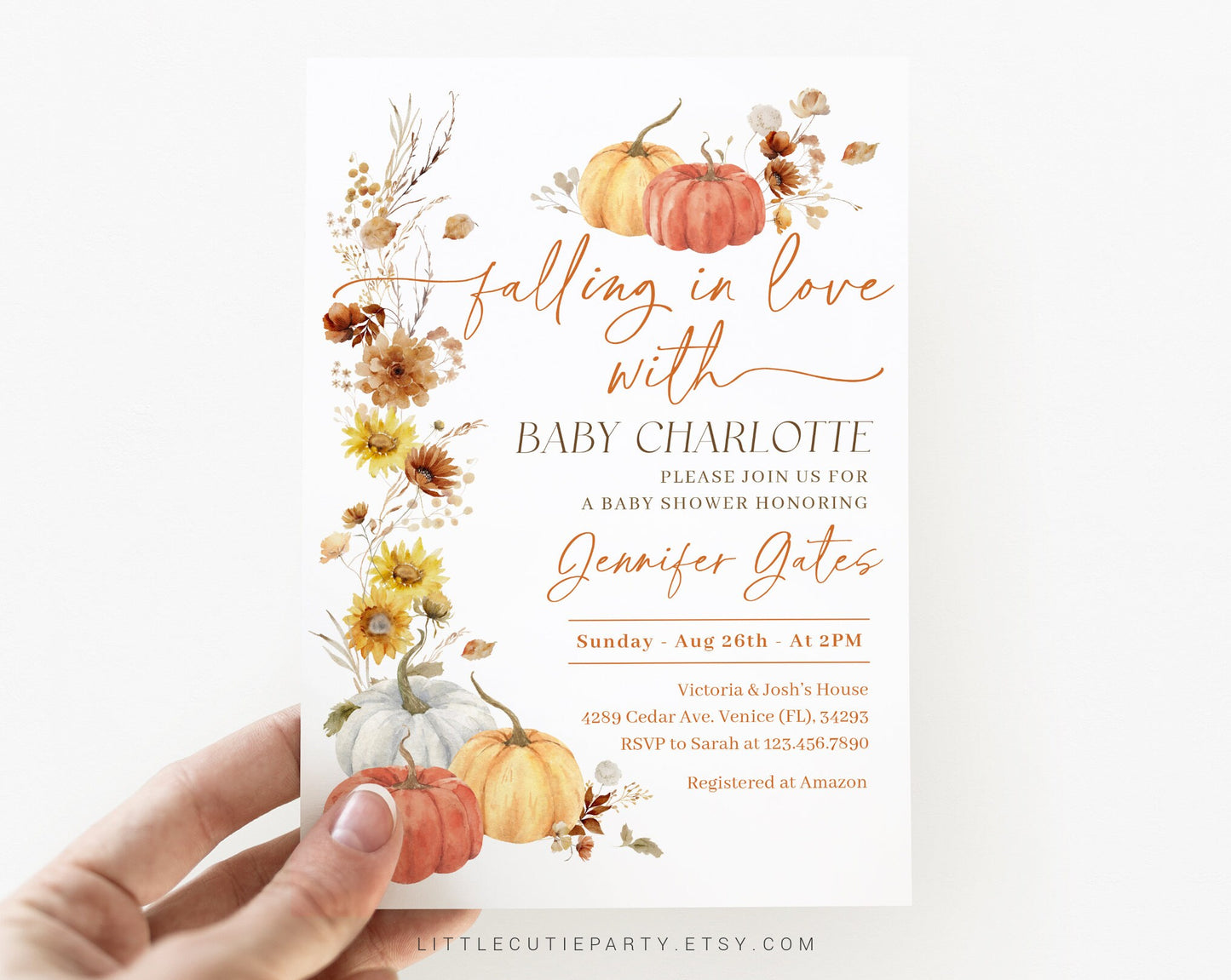 Editable Falling In Love Baby Shower Invitation, Fall Baby Shower Invite, Little Pumpkin with Diaper Raffle, Books for Baby and Tag FLLBS001