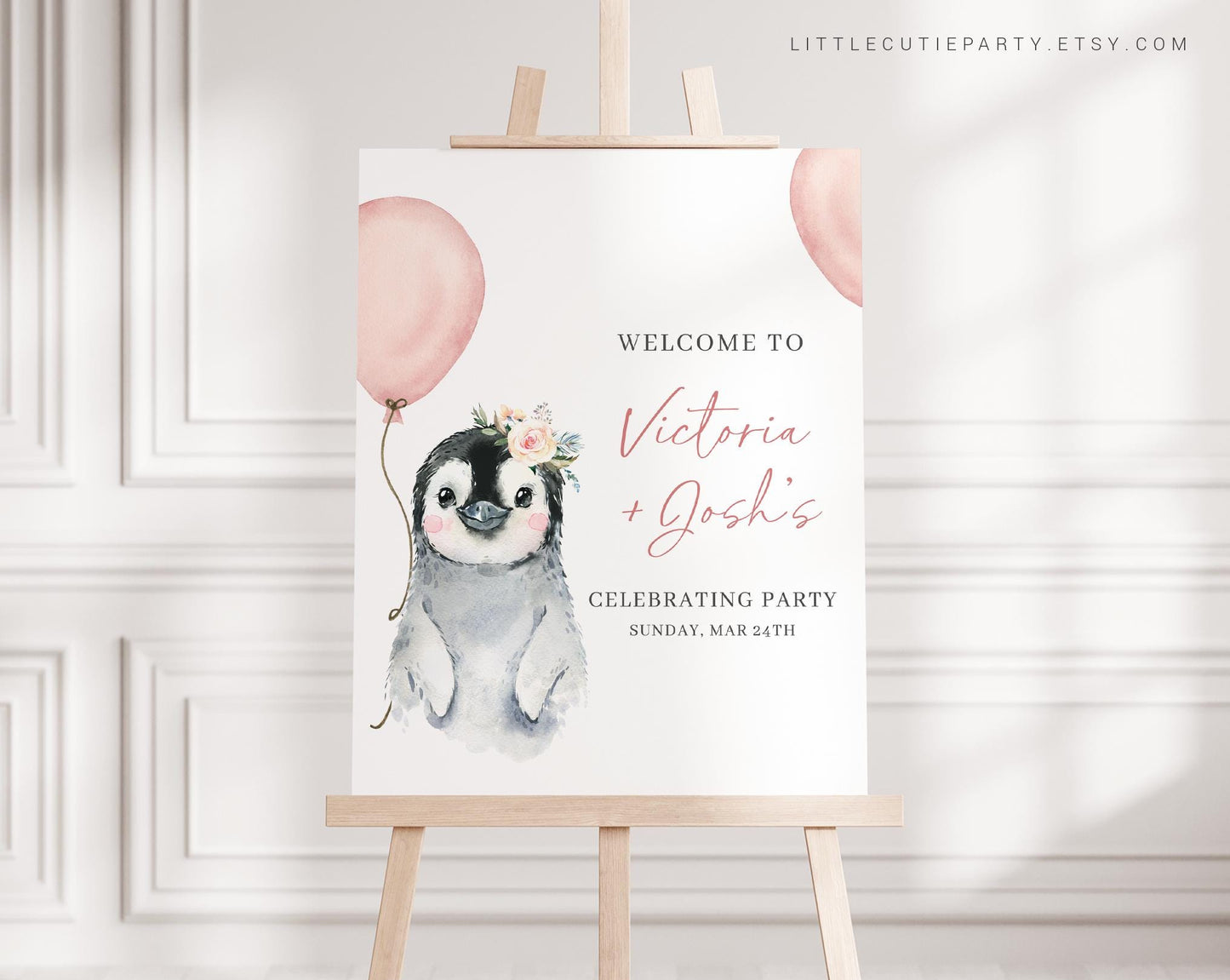 Editable Pink Penguin Baby Shower Welcome Sign, Penguin Baby Shower Sign, Welcome Board, Welcome Template Shower Decoration PENGBS003