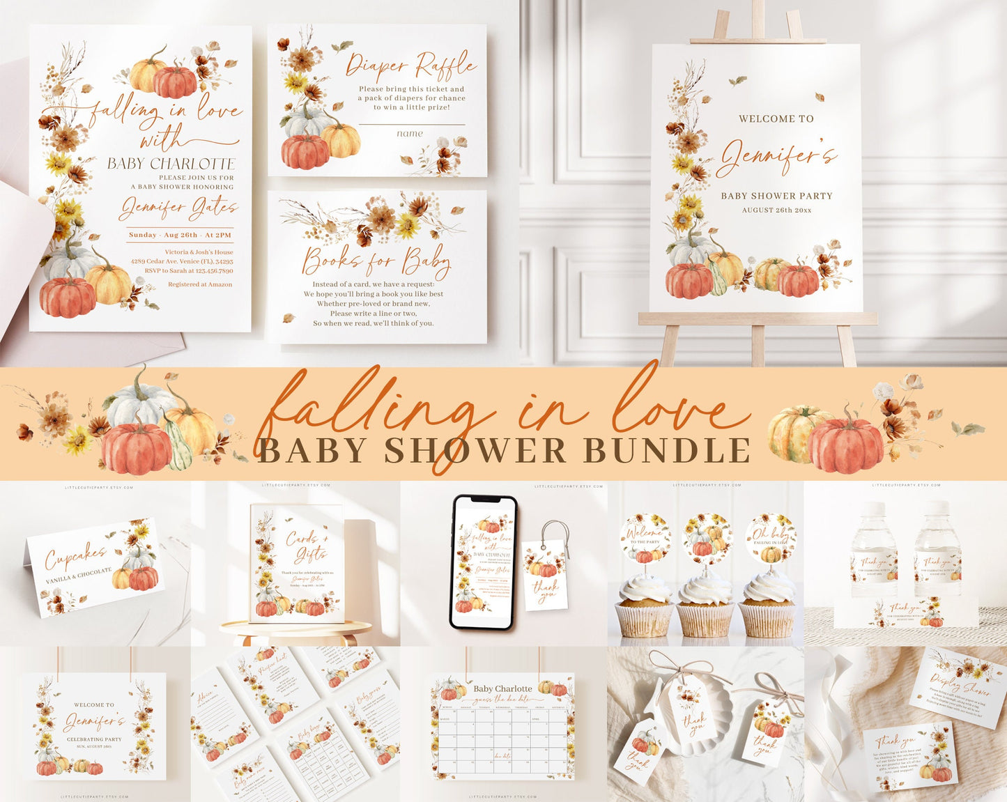 Editable Falling In Love Baby Shower Invitation Bundle, Fall Baby Shower Invitation with Games Bundle and Little Pumpkin Decoration FLLBS001