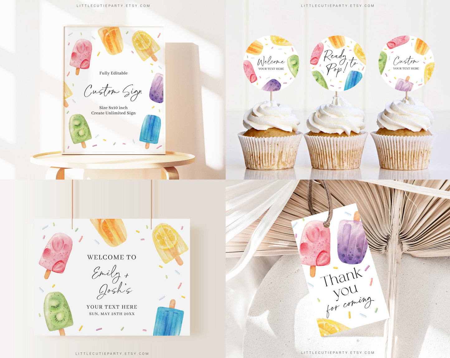 Editable Pop on Over Birthday Invitation Bundle, Popsicle Birthday Invitation, Girl 1st Birthday Bundle with Popsicle Decorations PSCBD001