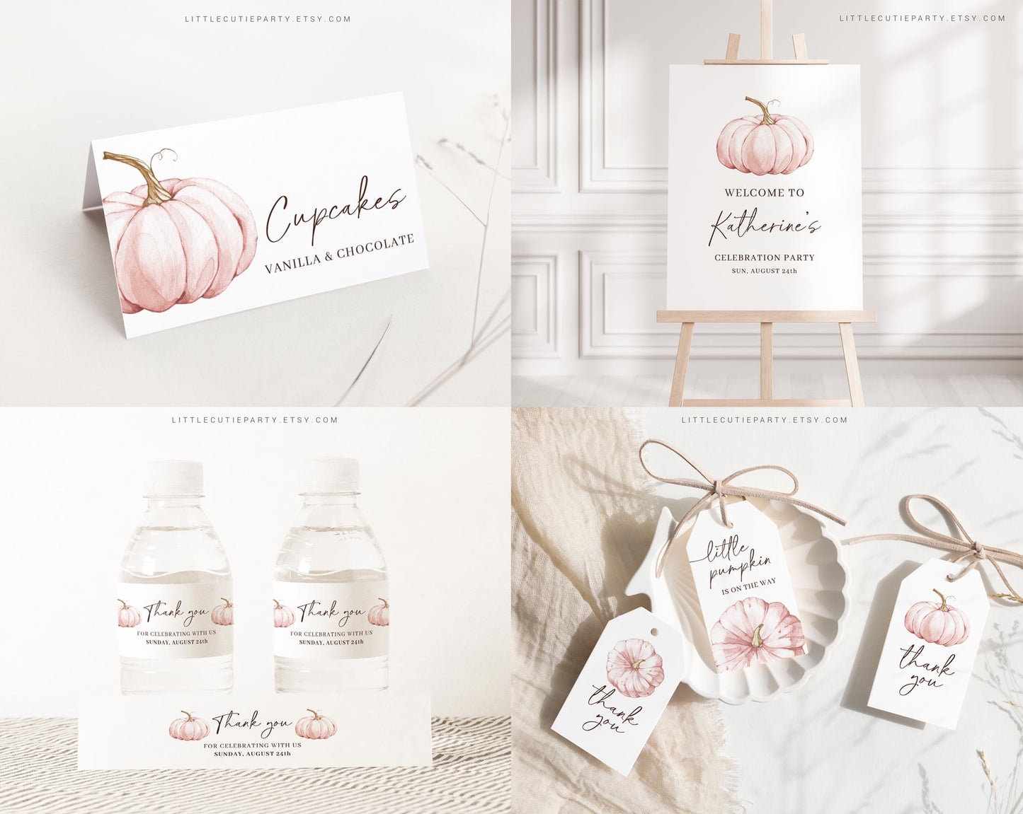 Editable Pink Pumpkin Baby Shower Invitation Bundle, Little Pumpkin is On The Way with Games Bundle and Pink Fall Shower Decoration PPKBS002