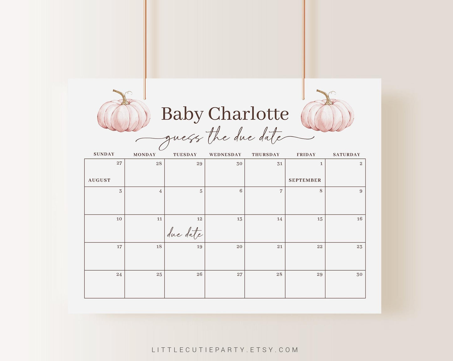 Editable Pink Pumpkin Baby Shower Calendar, Little Pumpkin is on the way Due Date Calendar, Fall Girl Due Date Calendar Games PPKBS002