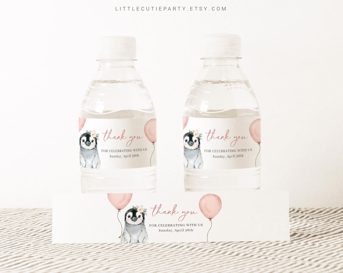 Editable Pink Penguin Baby Shower Water Bottle Labels, Bottle Label for Penguin Baby Shower Theme Decorations PENGBS003