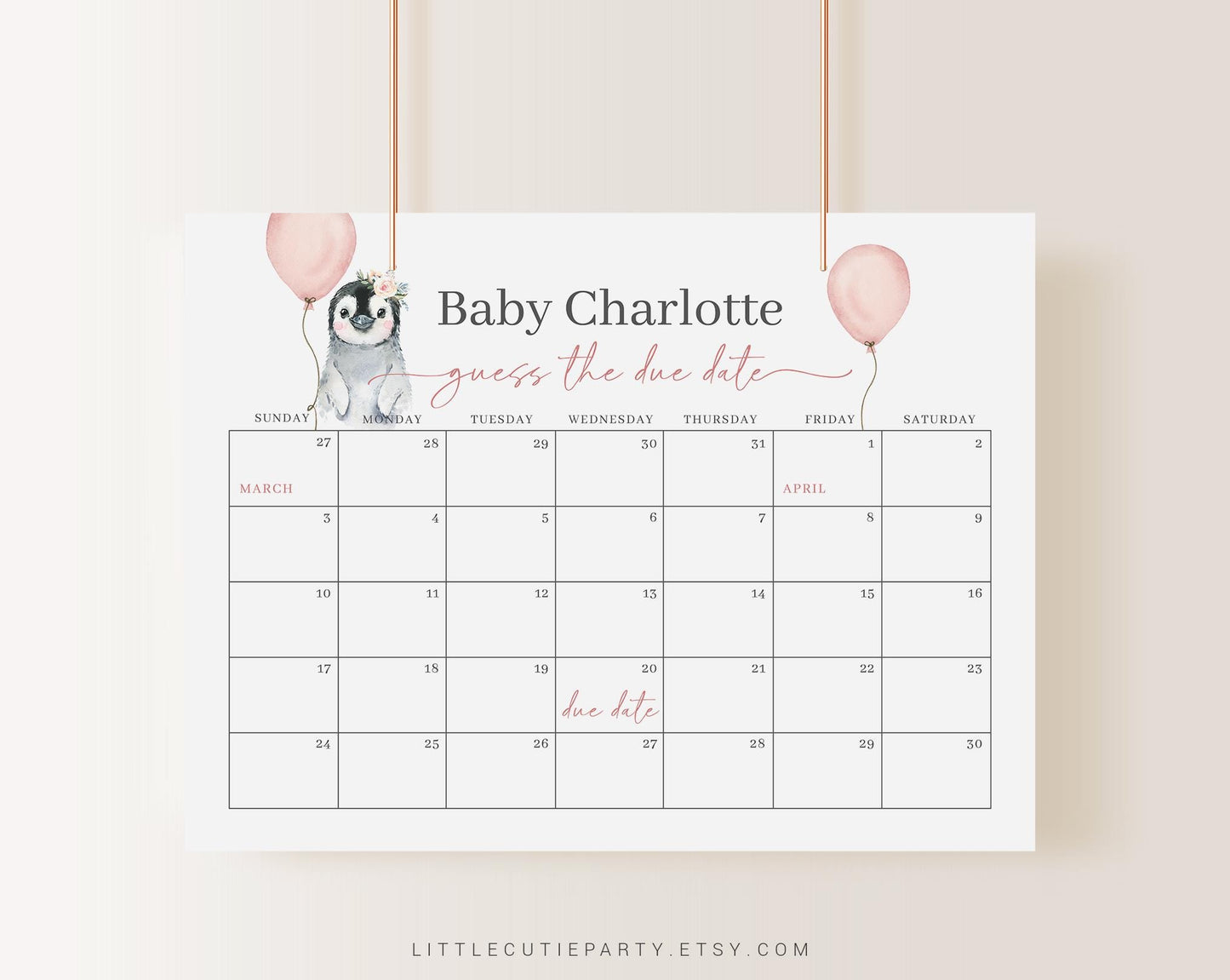Editable Pink Penguin Baby Shower Calendar, Penguin Due Date Calendar, Baby Shower Due Date Calendar Games for Baby Shower PENGBS003