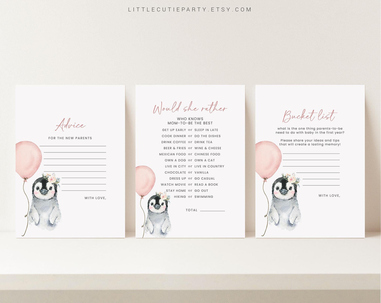 10 Editable Pink Penguin Baby Shower Games, Baby Girl Shower Games Bundle, Penguin Girl Set Neutral Baby Shower Party Games PENGBS003