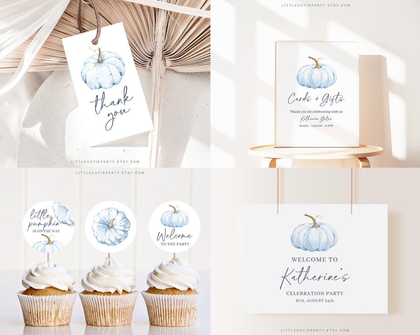 Editable Blue Pumpkin Baby Shower Invitation Bundle, Blue Little Pumpkin is On The Way with Games Bundle and Blue Fall Shower Decor BPKBS001