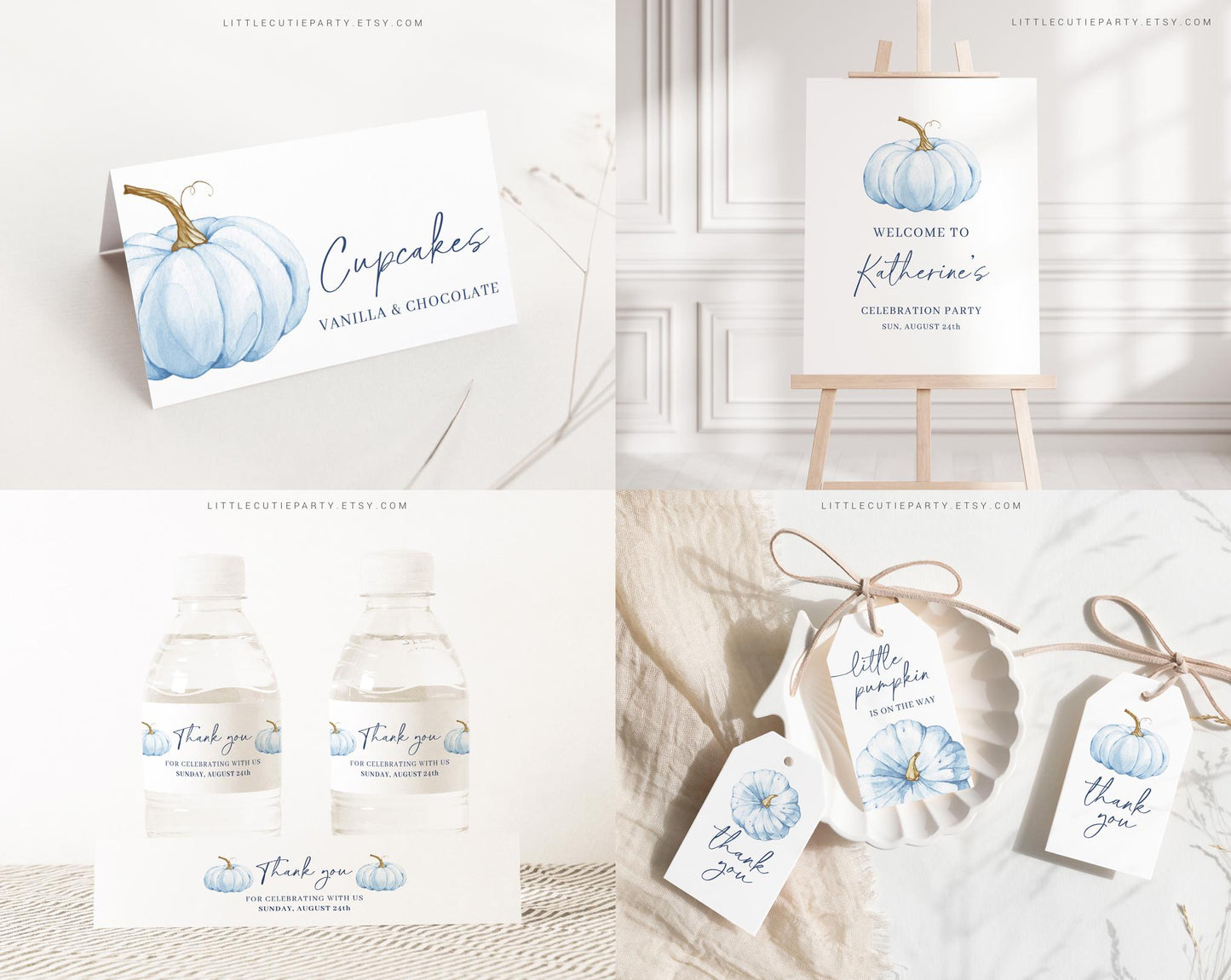 Editable Blue Pumpkin Baby Shower Invitation Bundle, Blue Little Pumpkin is On The Way with Games Bundle and Blue Fall Shower Decor BPKBS001