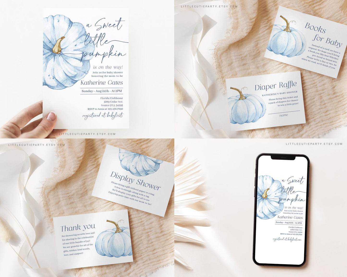 Editable Blue Pumpkin Baby Shower Invitation Bundle, Blue Little Pumpkin is On The Way with Games Bundle and Blue Fall Shower Decor BPKBS001