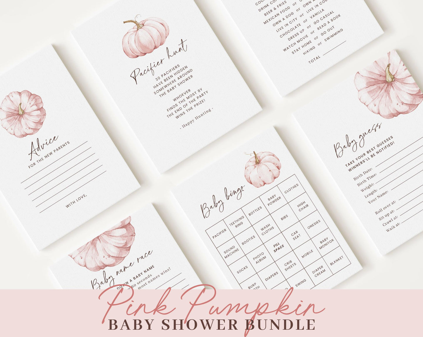 Editable Pink Pumpkin Baby Shower Invitation Bundle, Little Pumpkin is On The Way with Games Bundle and Pink Fall Shower Decoration PPKBS002