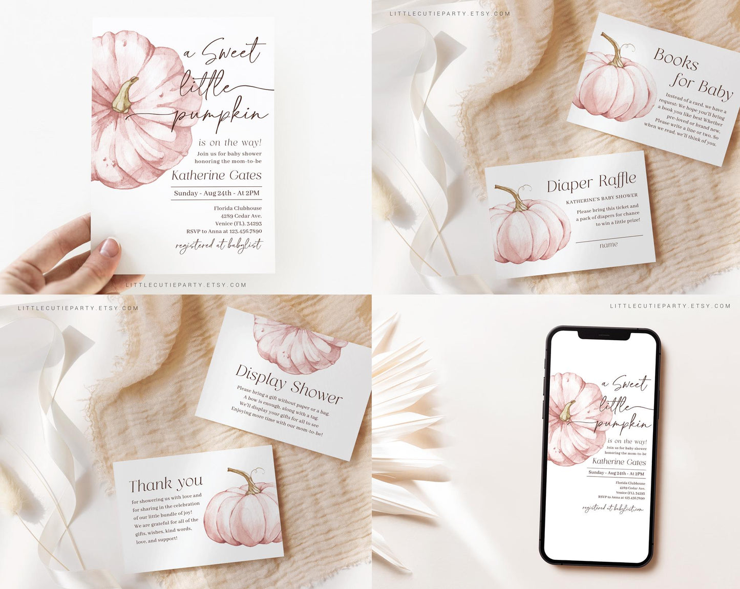 Editable Pink Pumpkin Baby Shower Invitation Bundle, Little Pumpkin is On The Way with Games Bundle and Pink Fall Shower Decoration PPKBS002