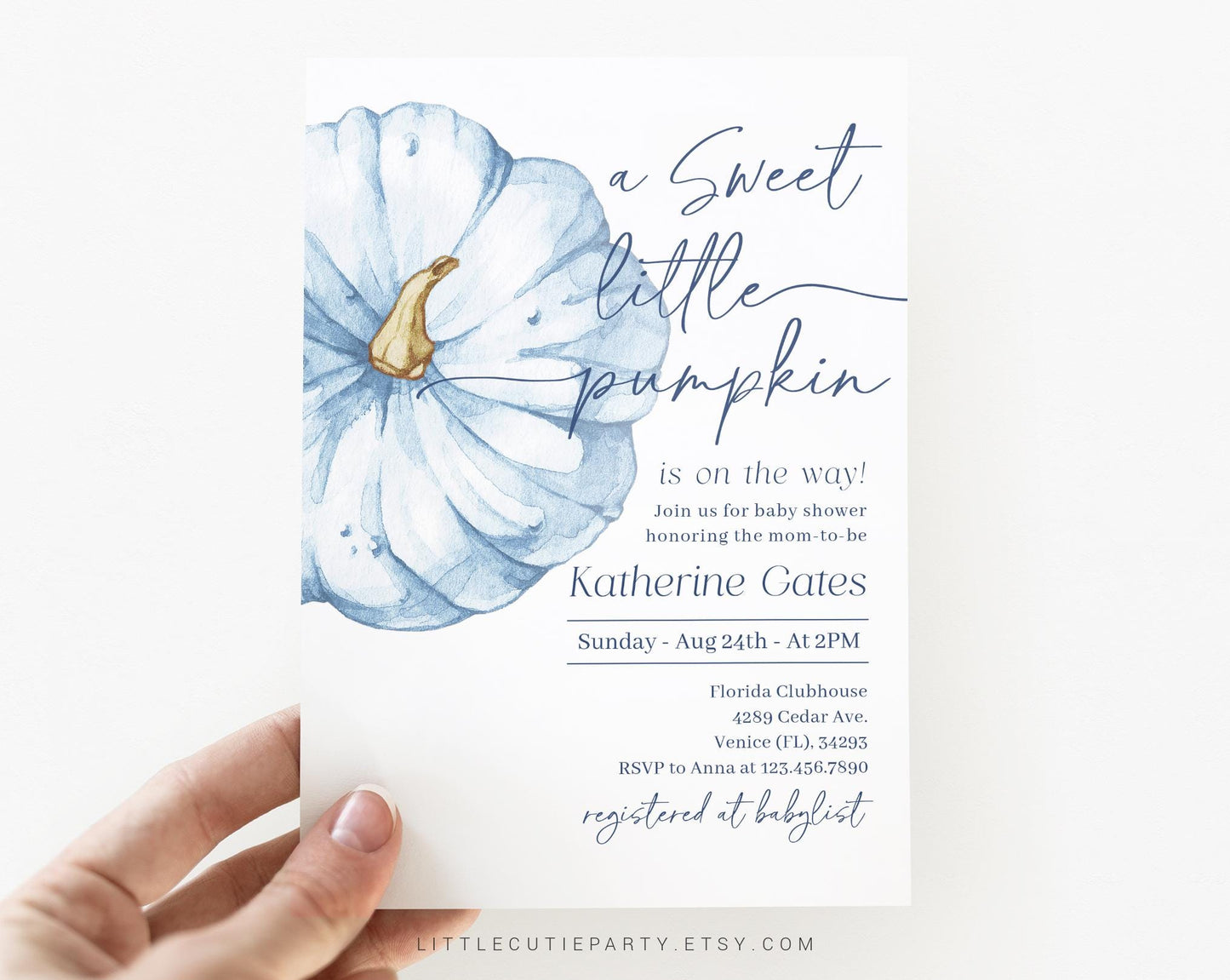 Editable Blue Pumpkin Baby Shower Invitation, Blue Little Pumpkin is On The Way with Diaper Raffle, Books for Baby and Tag BPKBS001