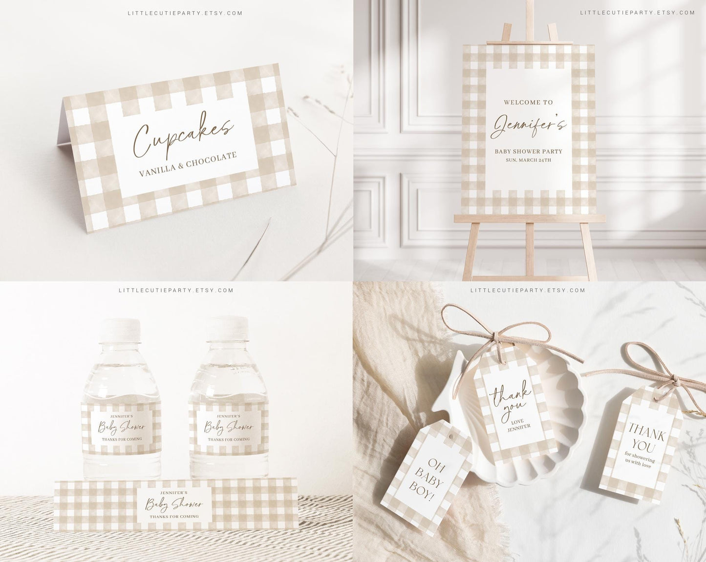 Editable Neutral Baby Shower Invitation Bundle, Beige Gingham Baby Shower Bundle Set with Games Bundle and Gender Neutral Shower NGHBS001