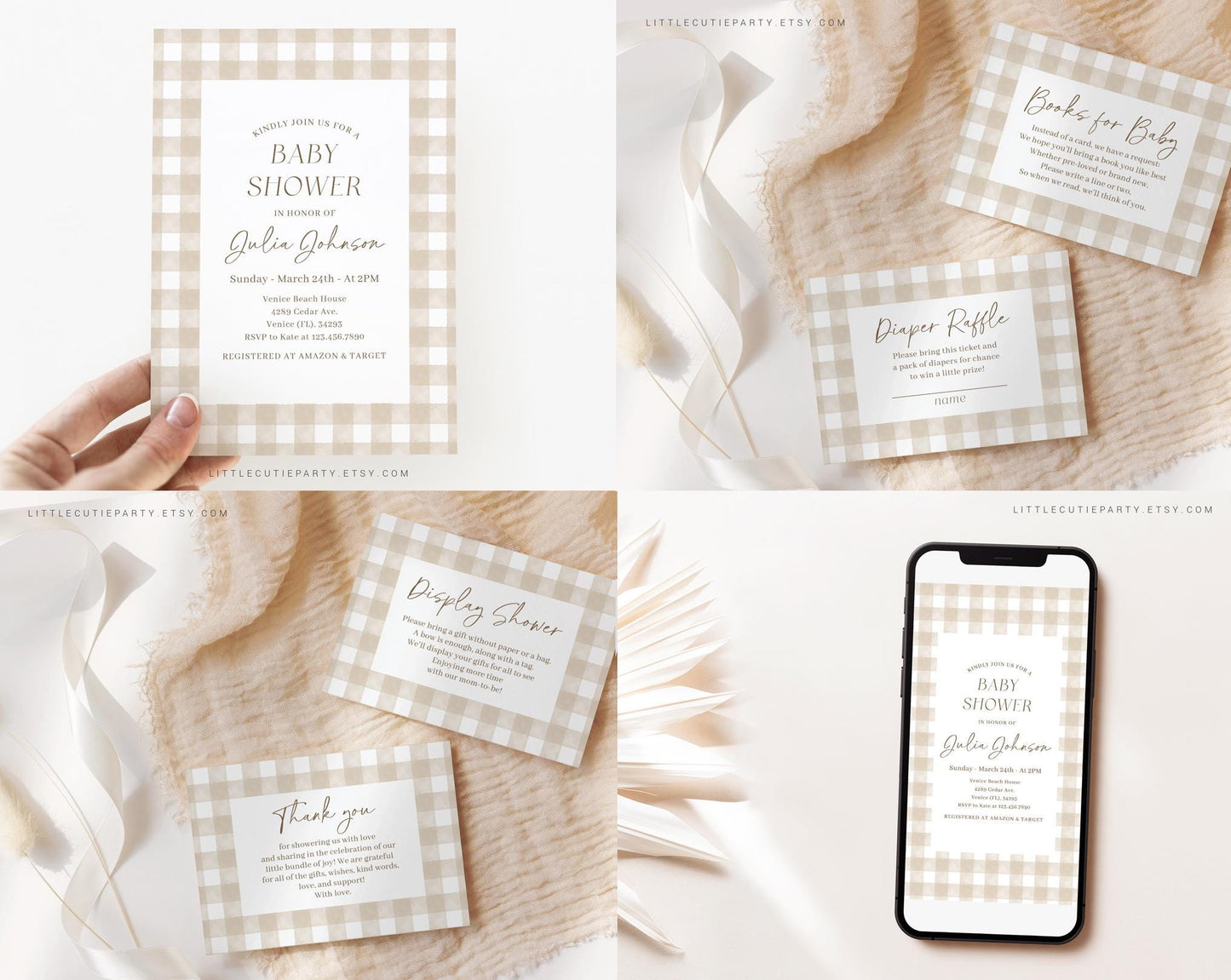 Editable Neutral Baby Shower Invitation Bundle, Beige Gingham Baby Shower Bundle Set with Games Bundle and Gender Neutral Shower NGHBS001