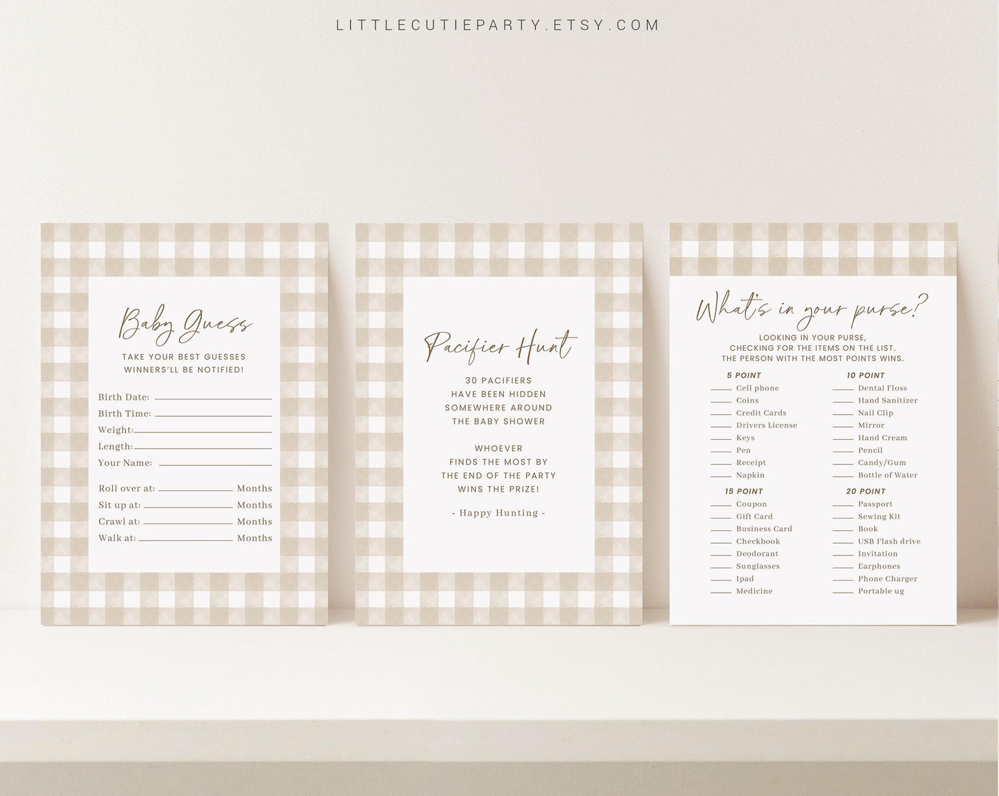 10 Editable Neutral Baby Shower Games, Beige Gingham Baby Shower Games Bundle, Gender Neutral Baby Shower Party Games NGHBS001