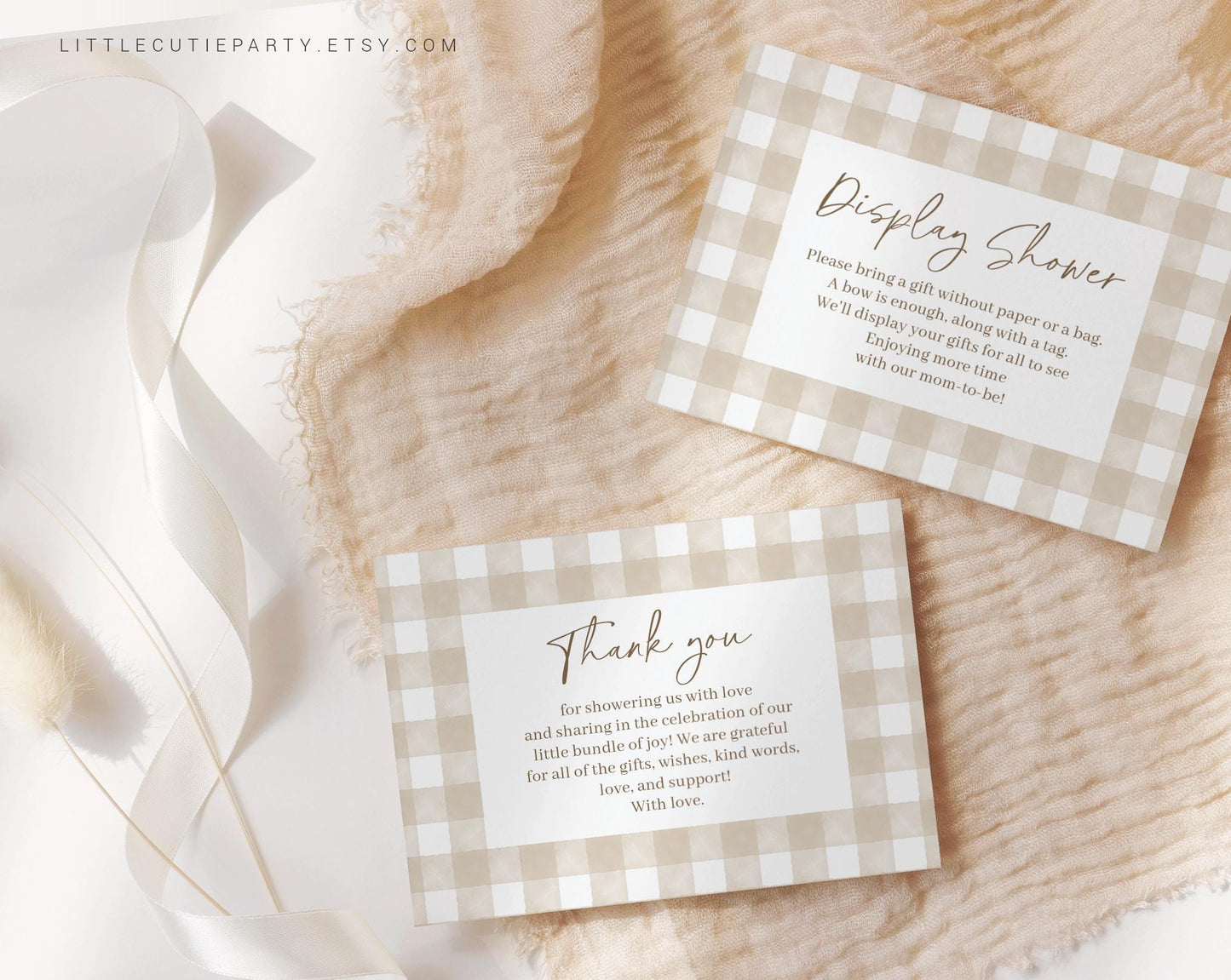 Editable Beige Gingham Baby Shower Thank you Card, Neutral Baby Shower Display Card for Gender Neutral Baby Shower Decor NGHBS001