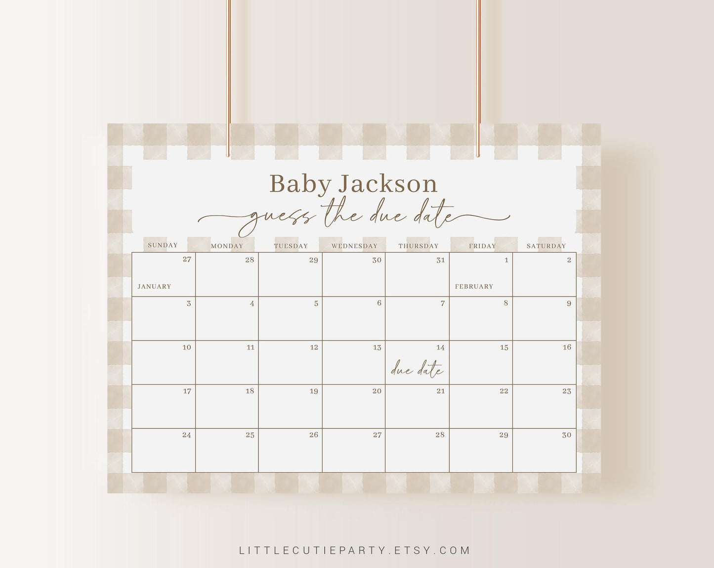 Editable Neutral Baby Shower Due Date Calendar, Beige Gingham Baby Shower Calendar Games for Gender Neutral Baby Shower NGHBS001