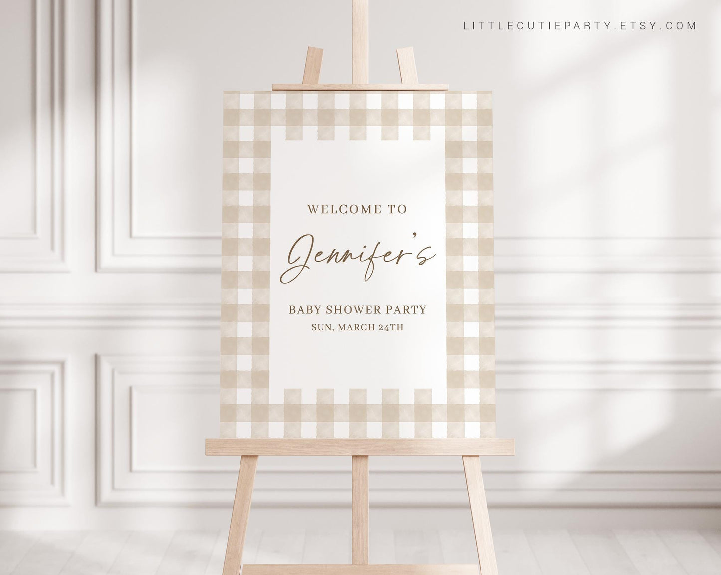 Editable Beige Baby Shower Welcome Sign, Brown Gingham Baby Shower Sign, Welcome Board, Gender Neutral Welcome Template NGHBS001