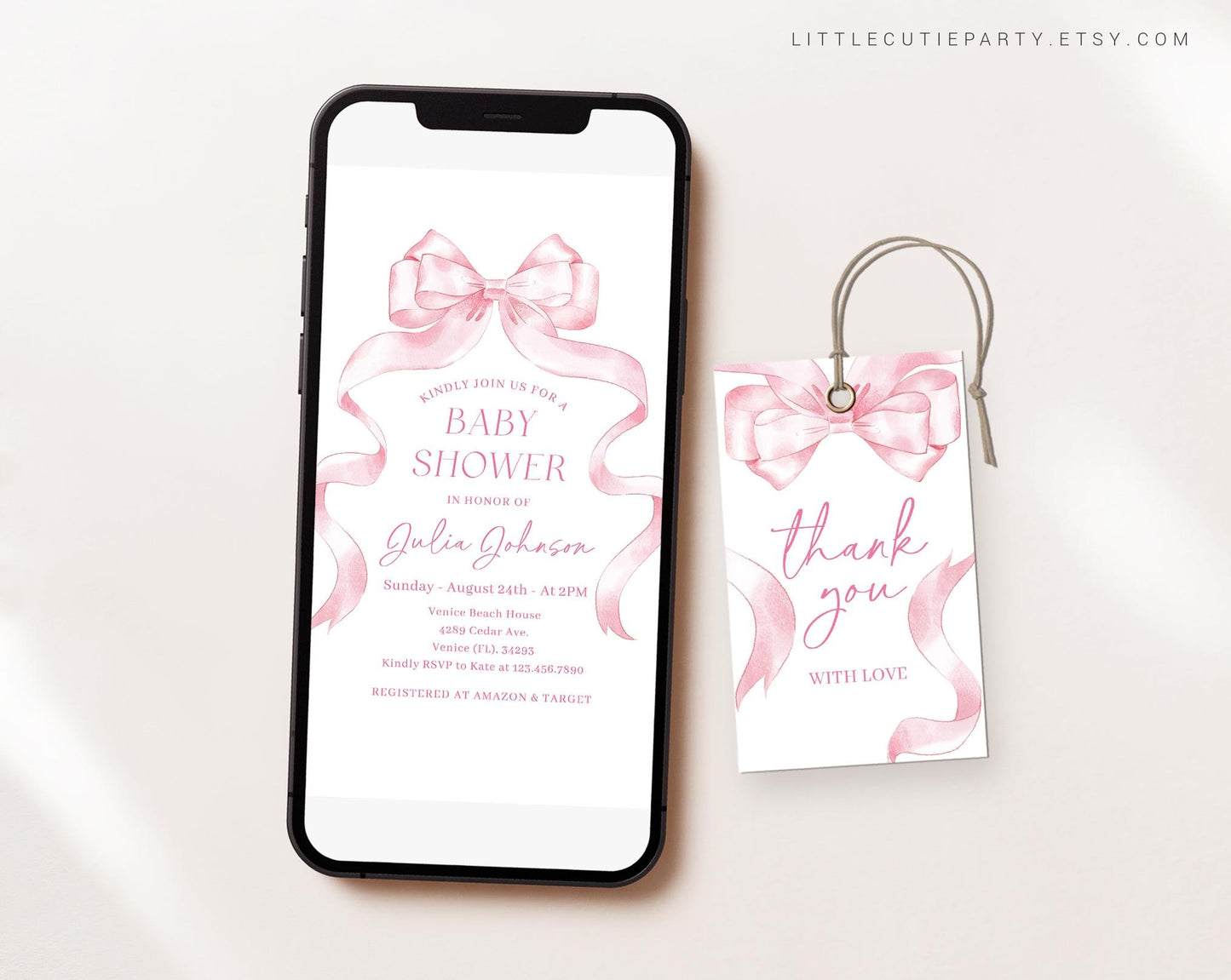 Editable Pink Bow Baby Shower Invite, Pink Ribbon Baby Shower Invite, Baby Shower Digital Invitation Evite for Baby Girl Party PBWBS001