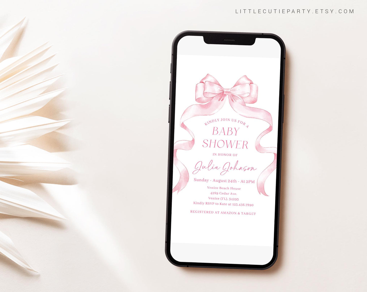 Editable Pink Bow Baby Shower Invite, Pink Ribbon Baby Shower Invite, Baby Shower Digital Invitation Evite for Baby Girl Party PBWBS001
