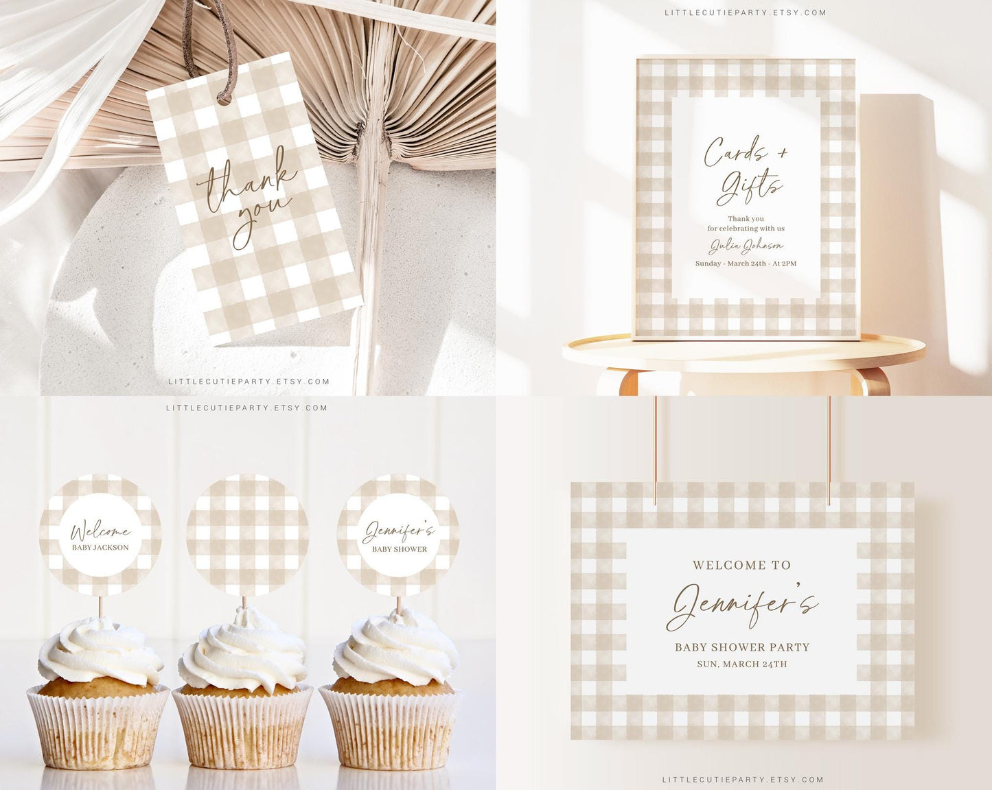 Editable Neutral Baby Shower Invitation Bundle, Beige Gingham Baby Shower Bundle Set with Games Bundle and Gender Neutral Shower NGHBS001