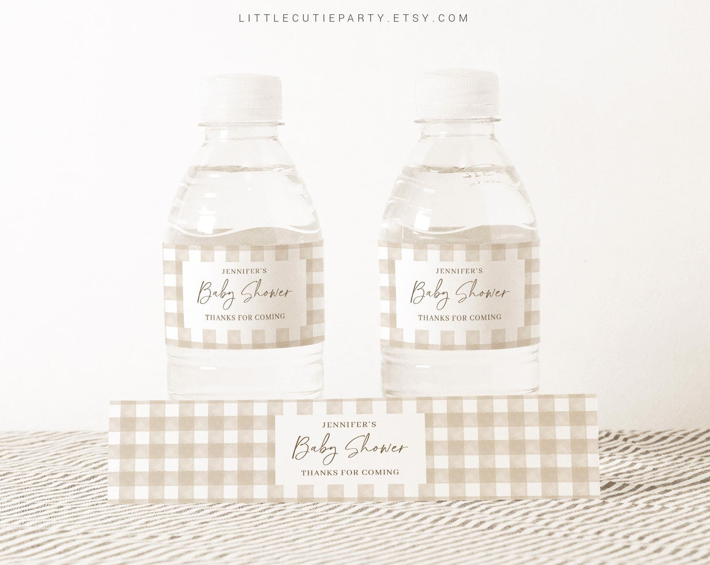 Editable Beige Gingham Baby Shower Water Bottle Labels, Bottle Label for Beige Baby Shower Theme Decorations NGHBS001