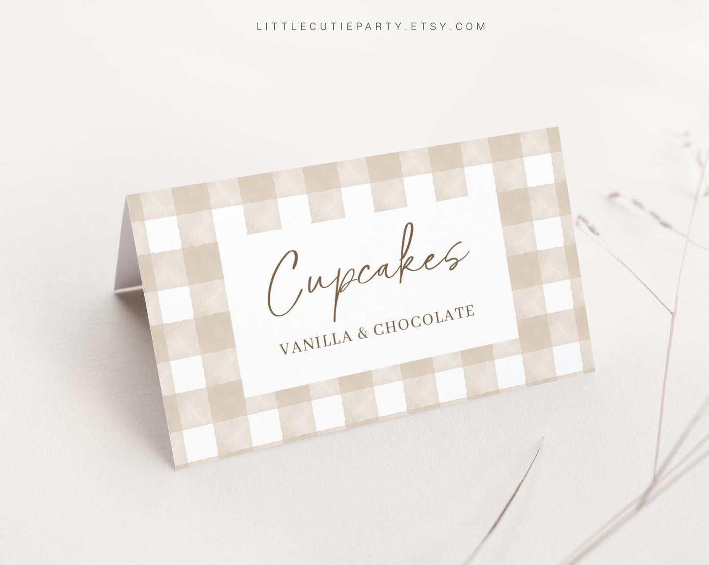 Editable Beige Gingham Food Labels, Food Tent cards, Folded Food Cards for Neutral Beige Baby Shower Decorations Theme NGHBS001