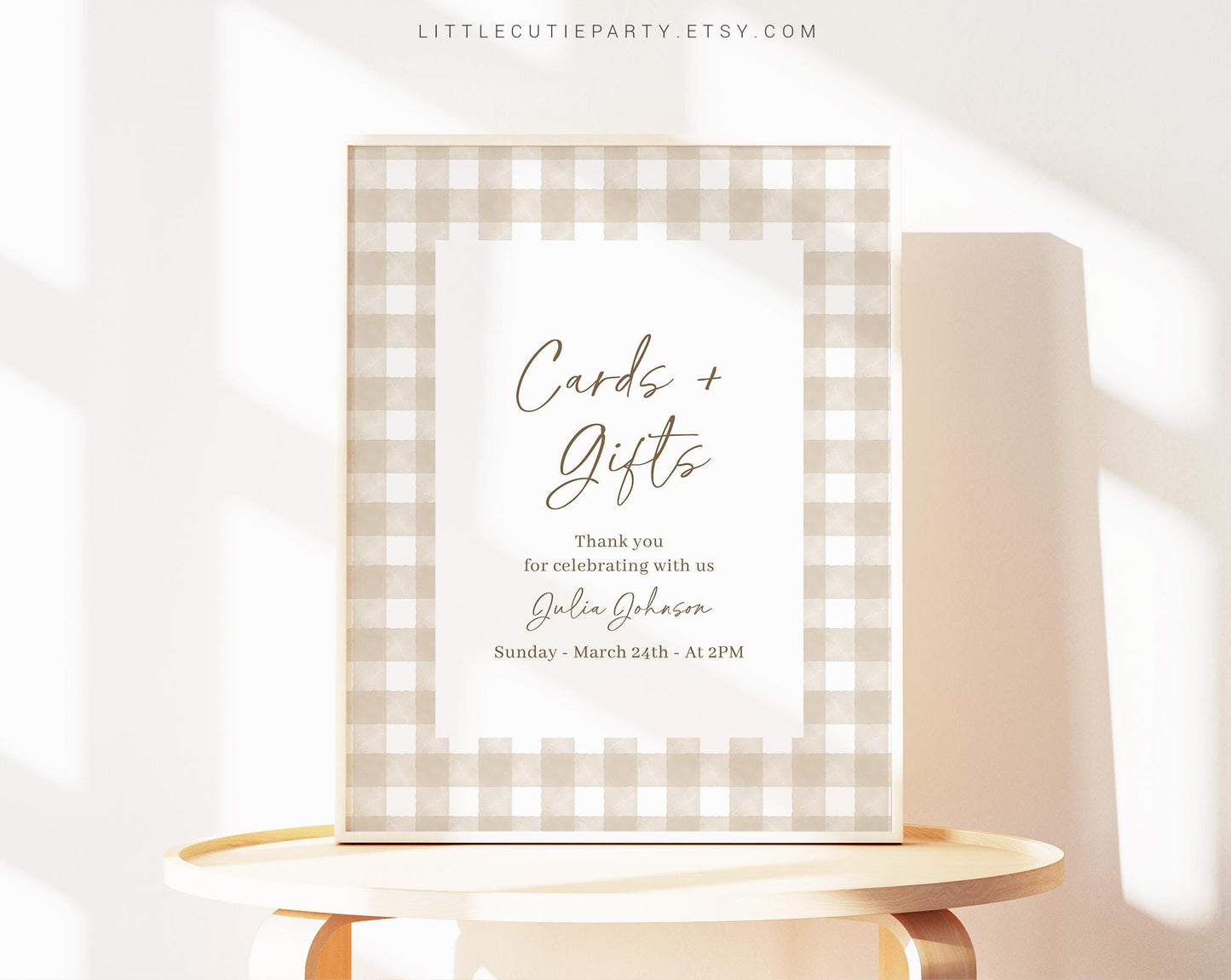 Editable Beige Gingham Baby Shower Sign, Custom Sign Template for Baby Shower Party with Gender Neutral Baby Shower Theme NGHBS001