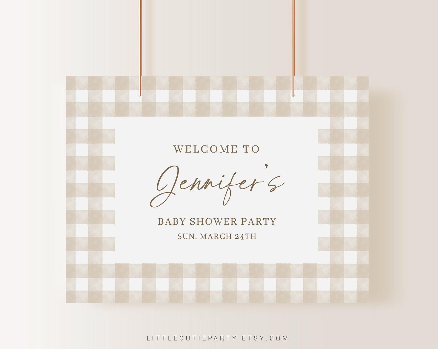 Editable Beige Gingham Baby Shower Backdrop, Beige Baby Shower Banner, Shower Sign for Gender Neutral Banner Welcome Sign NGHBS001