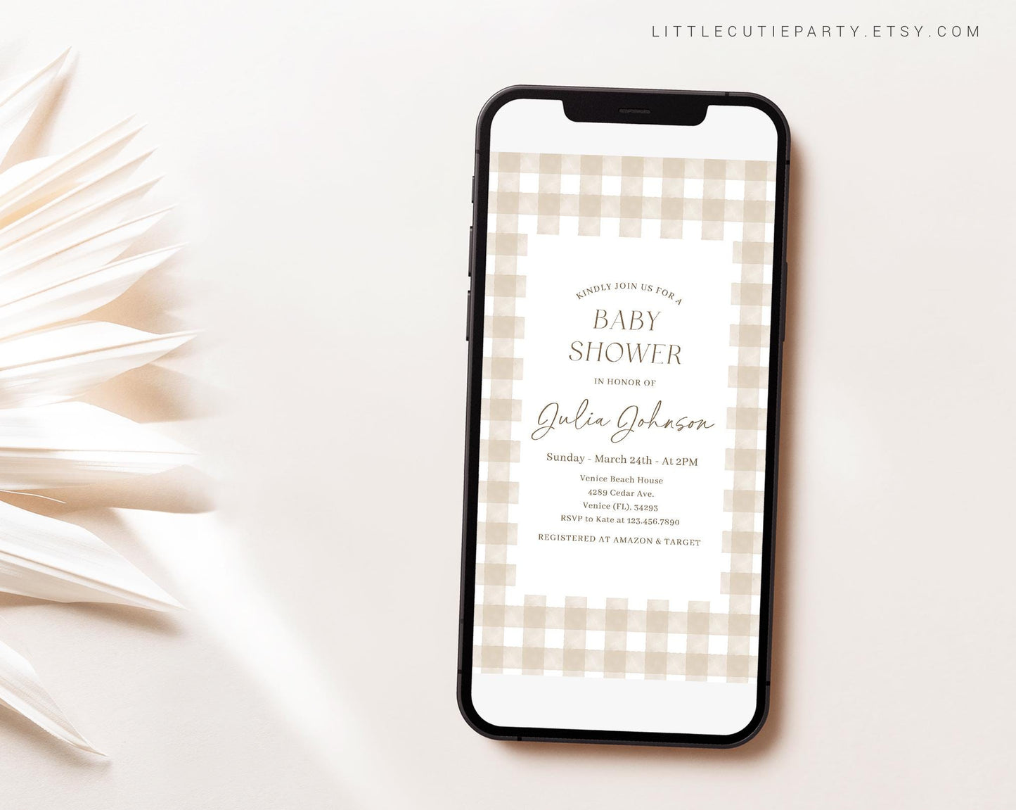 Editable Neutral Baby Shower Invite, Beige Gingham Baby Shower Invite, Baby Shower Digital Invitation Evite Gender Neutral Party NGHBS001