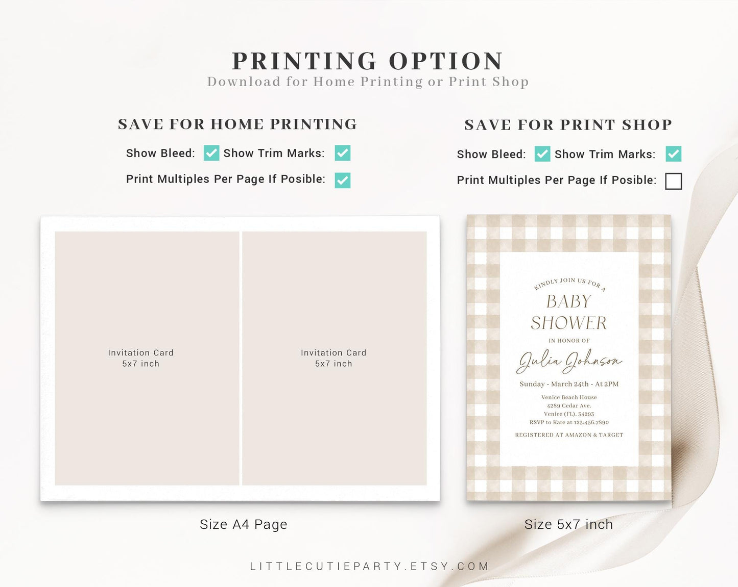 Editable Neutral Baby Shower Invitation, Beige Gingham Baby Shower Invitation, with Diaper Raffle, Books for Baby and Tag NGHBS001