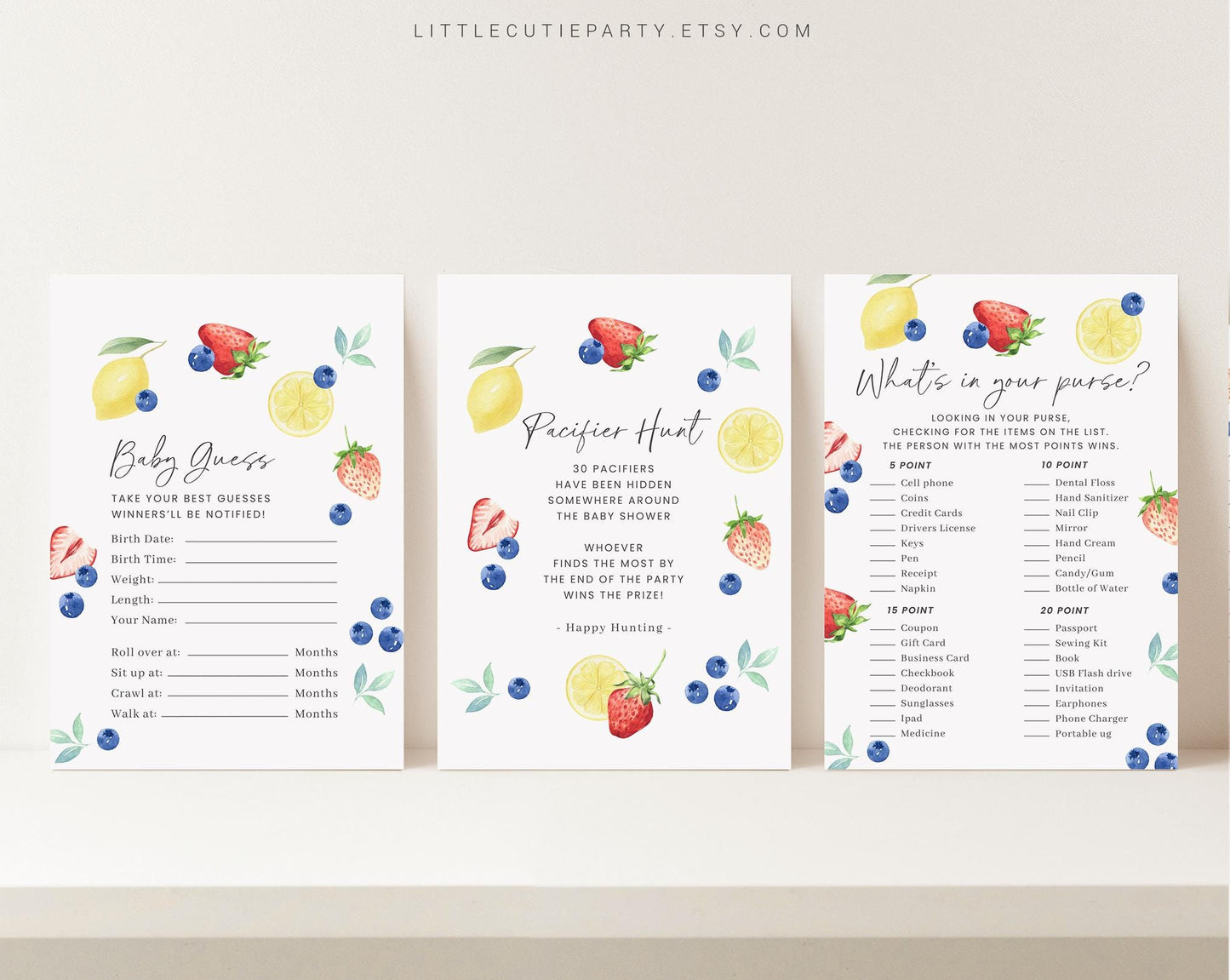 10 Editable Blueberry Lemon Strawberry Baby Shower Games, Gender Neutral Baby Shower Games Bundle, Blueberry Lemon Strawberry Game BLEMBS002