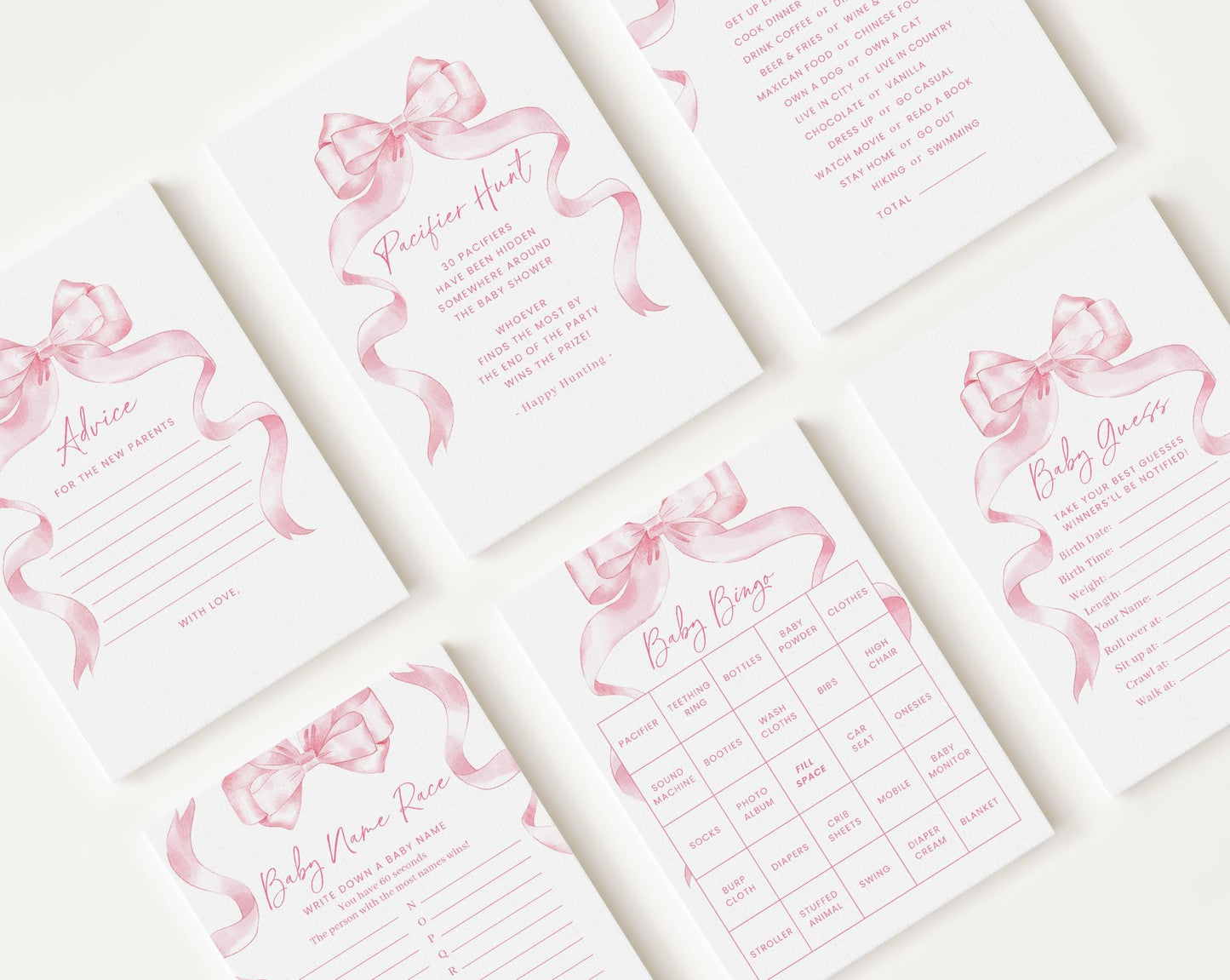 10 Editable Pink Bow Baby Shower Games, Pink Ribbon Baby Shower Games Bundle, Baby Girl Baby Shower Party Games PBWBS001