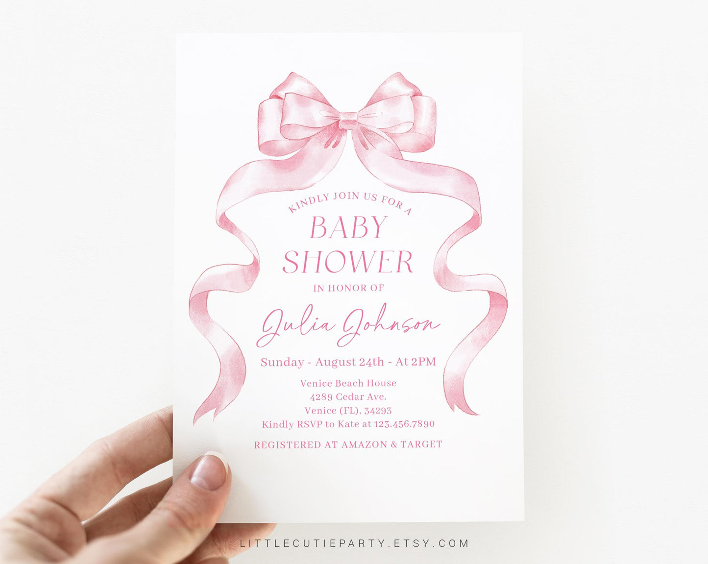Editable Pink Bow Baby Shower Invitation, Pink Ribbon Baby Shower Invitation, with Diaper Raffle, Books for Baby and Tag PBWBS001