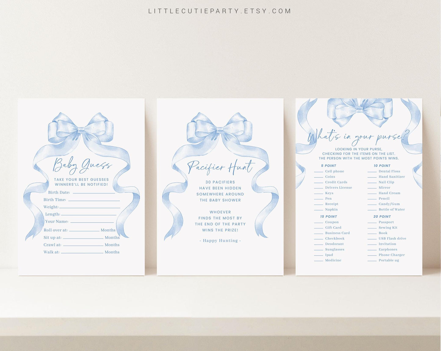 10 Editable Blue Bow Baby Shower Games, Blue Ribbon Baby Shower Games Bundle, Baby Boy Baby Shower Party Games BBWBS001