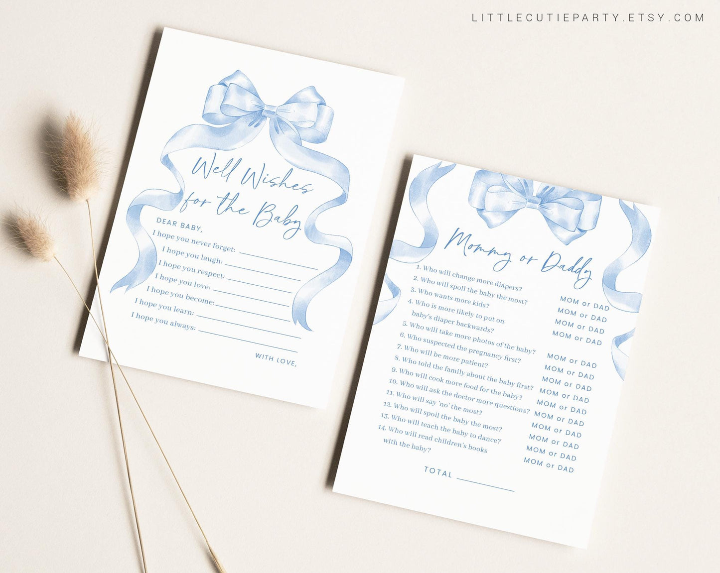 10 Editable Blue Bow Baby Shower Games, Blue Ribbon Baby Shower Games Bundle, Baby Boy Baby Shower Party Games BBWBS001